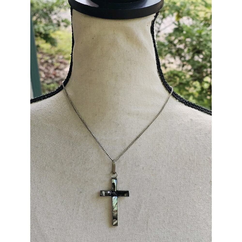 Vintage Cross Pendant Abalone Shell Inlay Mexico Southwestern Boho Festival - Picture 3 of 9